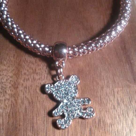 White Austrian Crystal Teddy Bear Charm Rosetone Stretch Bracelet - Picture 4 of 9